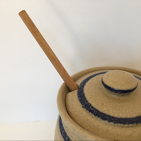 Salt Glazed Jam Jar Cobalt Blue stripes Beige Lid pottery Spoon Grapes vintage - Picture 8 of 15
